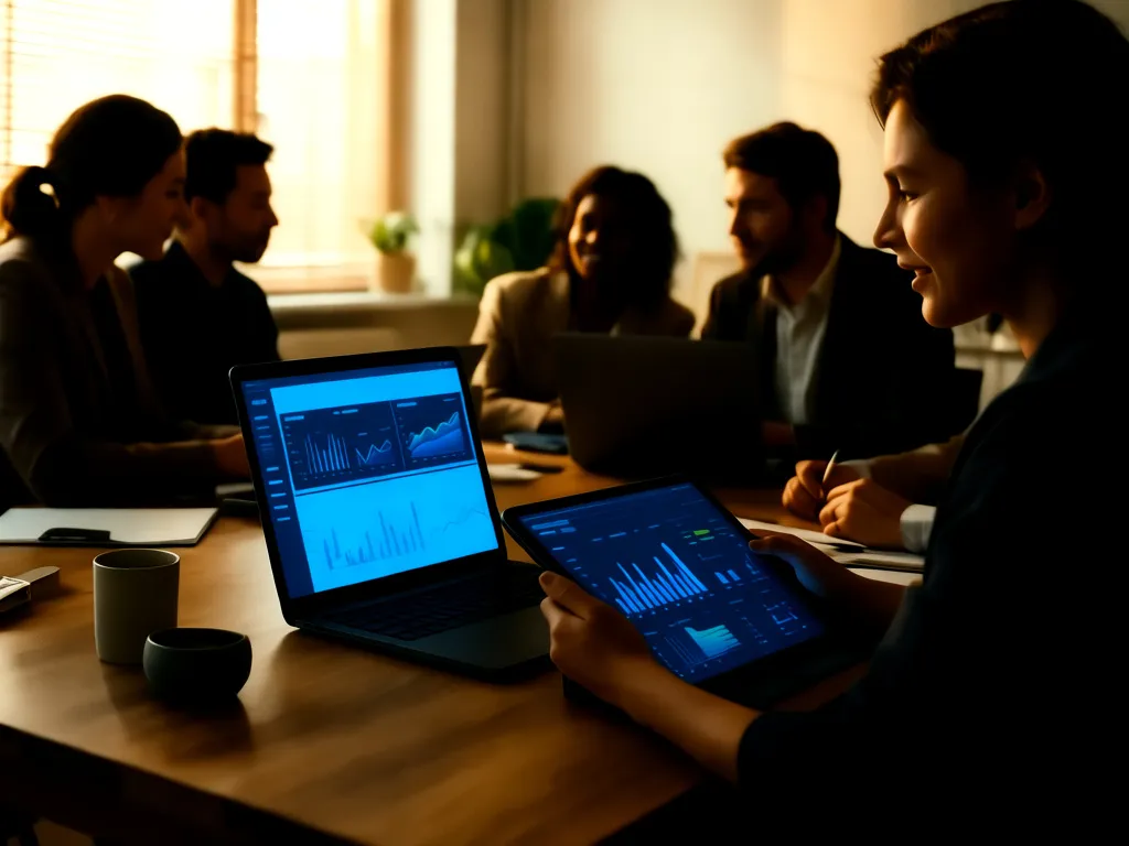 Equipe de marketing analisando dados de jornada do cliente com personalização com IA no marketing, em laptop e tablet em escritório moderno