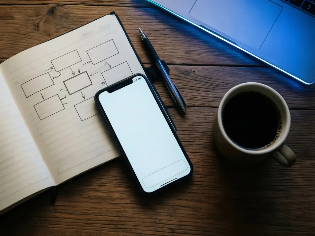 Caderno com fluxo de conversa desenhado ao lado de um celular, representando o redesenho do atendimento com IA no WhatsApp