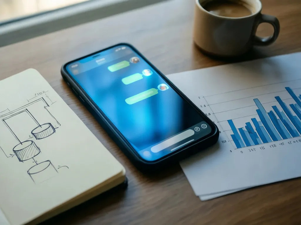 Smartphone com conversa de chat ao lado de gráfico de barras, ilustrando o ChatGPT Ads como novo canal de mídia paga