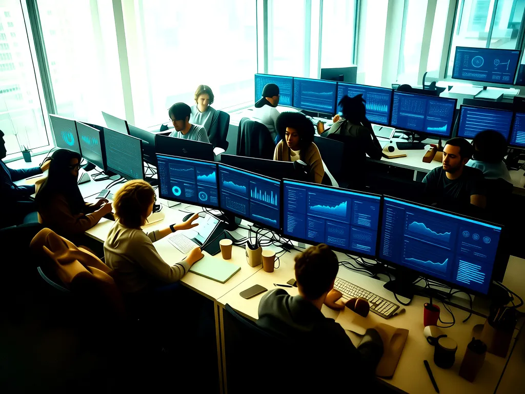 Arquitetura de agentes de IA em ação: squad de marketing trabalhando em paralelo com múltiplos monitores mostrando dashboards de performance em tempo real