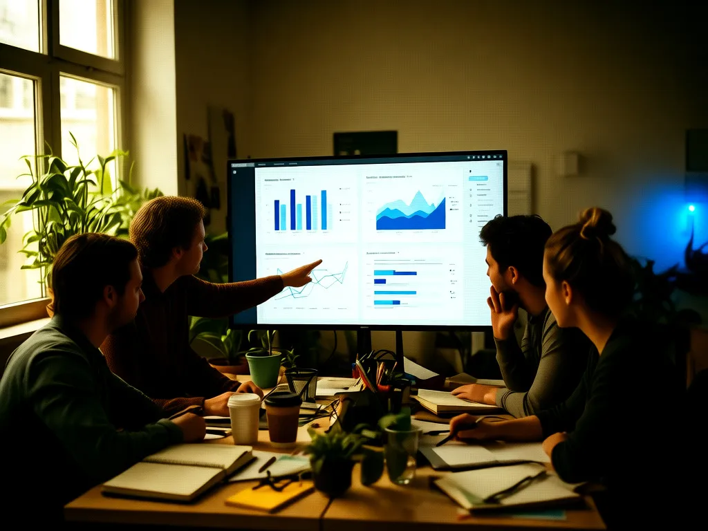Equipe aplicando IA generativa na agência de marketing, revisando dados de performance em tela em ambiente de trabalho colaborativo