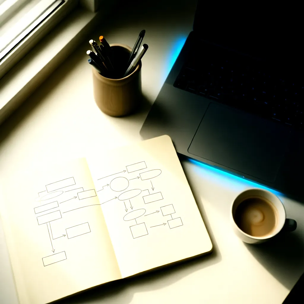 Workspace organizado com notebook e diagrama de processo, representando o mapeamento de gargalos em operações de marketing com IA