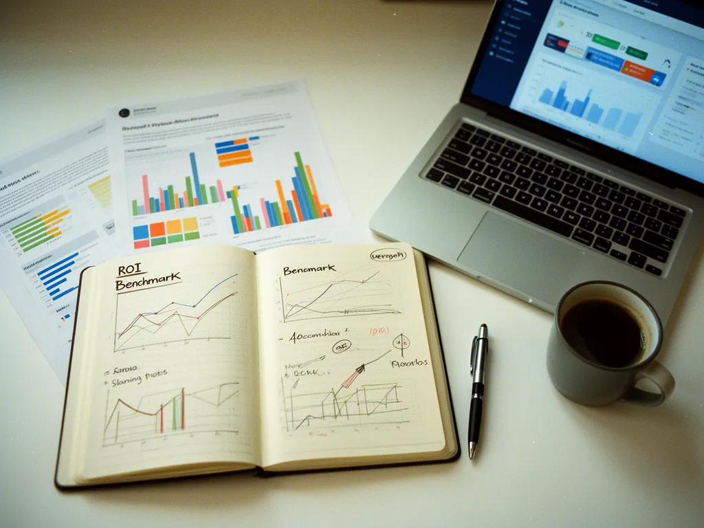 Workspace com notebook aberto mostrando gráficos de benchmarks de ROI de IA e relatórios impressos de dados de marketing, representando o processo de medição de resultados com inteligência artificial