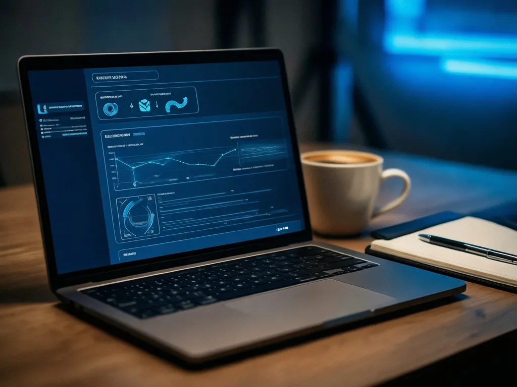 Workspace com laptop exibindo dashboards de agentes autônomos de IA em operação de marketing
