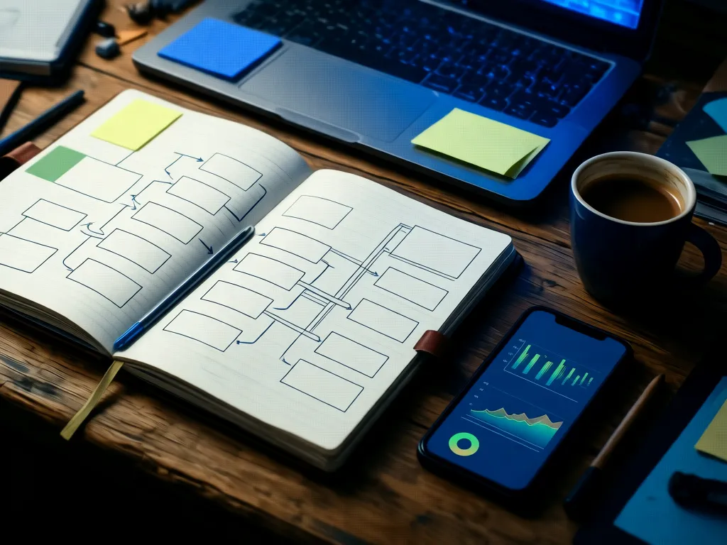 Workspace de planejamento de conteúdo com notebook aberto exibindo fluxo de produção, notas de pauta e tela de analytics