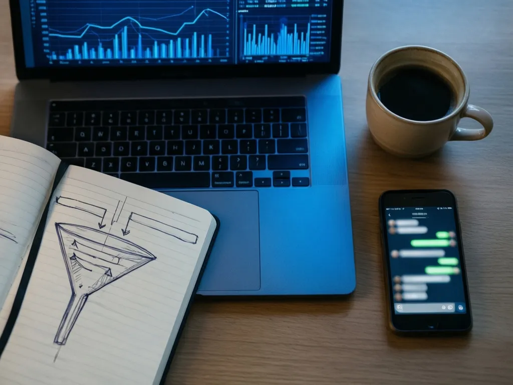 Workspace de estratégia de geração de leads com IA: laptop com dashboard de análise de funil, notebook com diagrama e planejamento de campanha