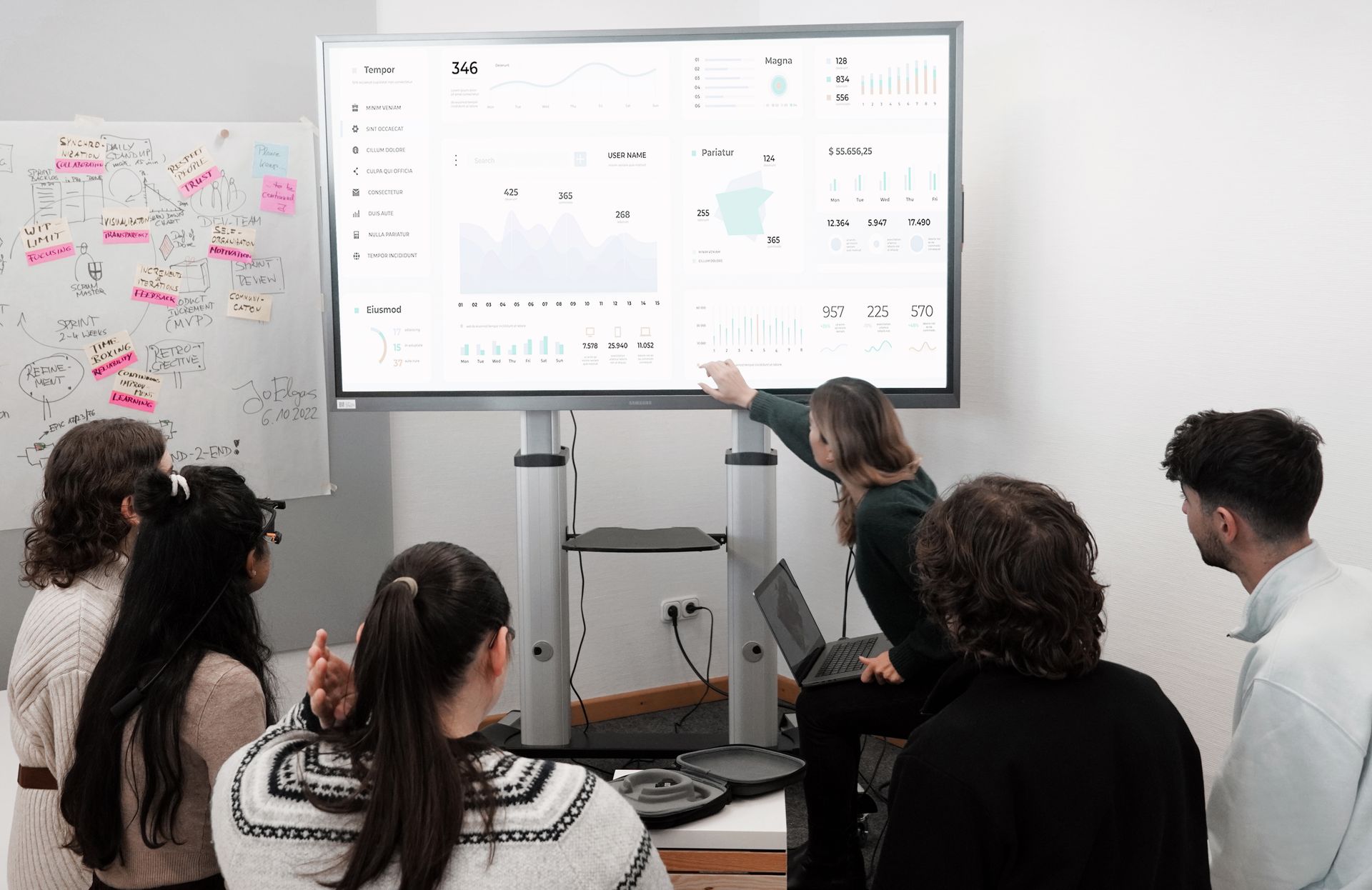 Equipe analisando um painel de dados numa tela, o teste de operacao que expoe agent washing