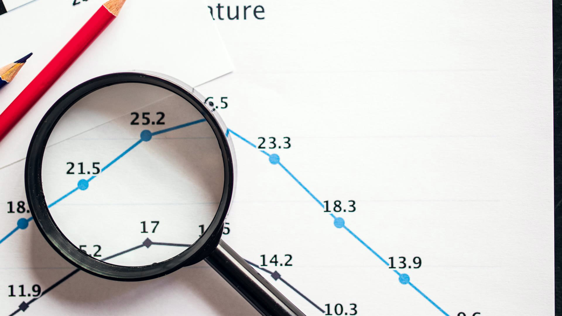 Lupa sobre gráfico de linha impresso conferindo os números, a checagem que todo relatório de marketing com IA precisa